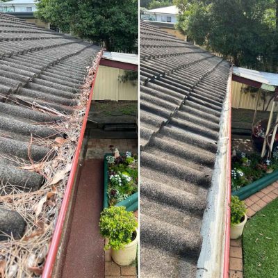 Before and after photos of a gutter clean