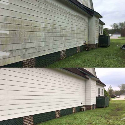 Weatherboard home befire and after soft-washing to remove built up dirt, grime, moss and mildew