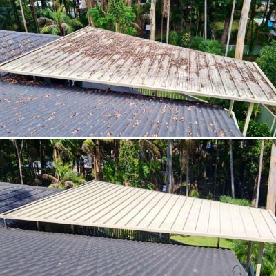 Before and after shots of a pergola roof pressure cleaning project
