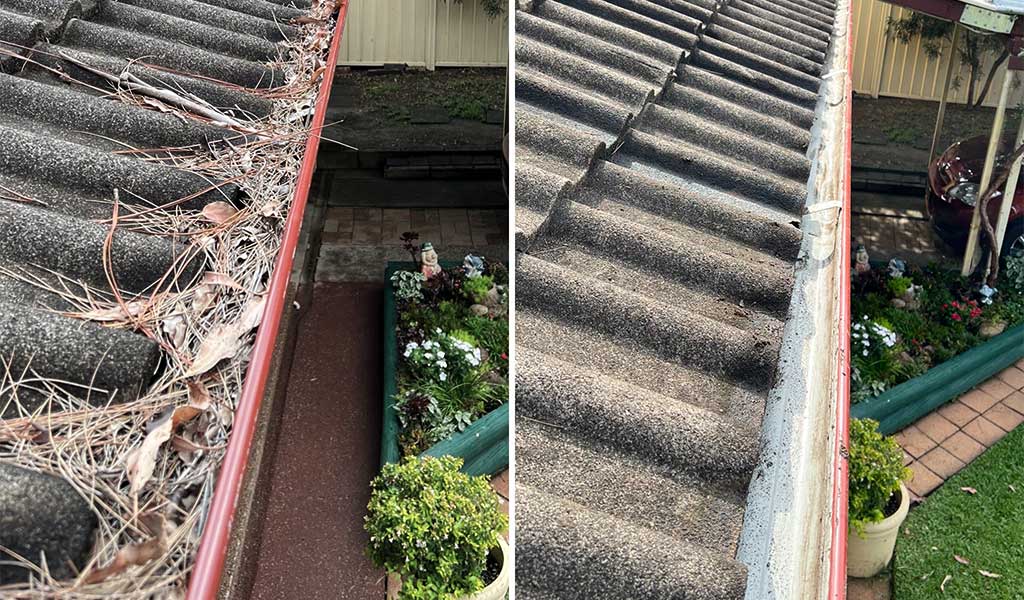 Before and after cleaning out gutters